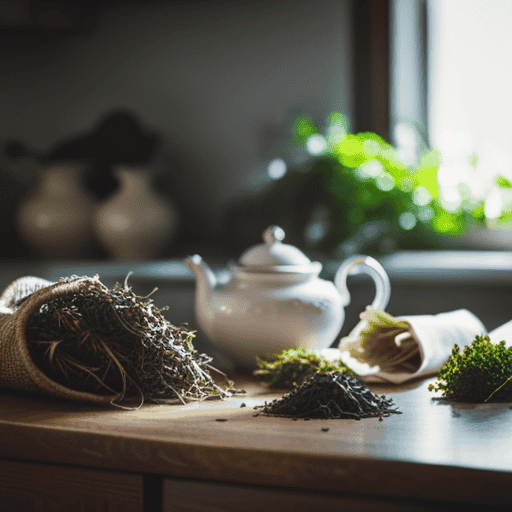An image showcasing a serene, sunlit kitchen counter adorned with an array of aromatic herbs, delicate muslin bags, and a vintage teapot, inviting readers to learn the art of crafting their own nourishing herbal remedy tea bags