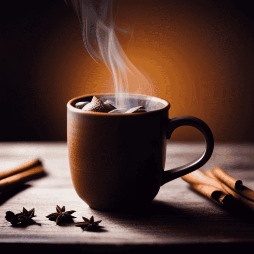 An image showcasing a steaming cup of homemade herbal tea, infused with aromatic cinnamon sticks, rich carob pods, zesty ginger slices, fragrant cardamom pods, warm cloves, and a sprinkle of invigorating black pepper