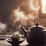 An image capturing a serene kitchen scene with a traditional teapot, exuding aromatic steam, as fragrant oolong leaves delicately unfurl in a glass cup, mingling with velvety milk, enticing readers to discover the art of crafting their own indulgent Oolong Milk Tea