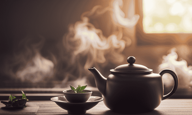 An image capturing a serene kitchen scene with a traditional teapot, exuding aromatic steam, as fragrant oolong leaves delicately unfurl in a glass cup, mingling with velvety milk, enticing readers to discover the art of crafting their own indulgent Oolong Milk Tea