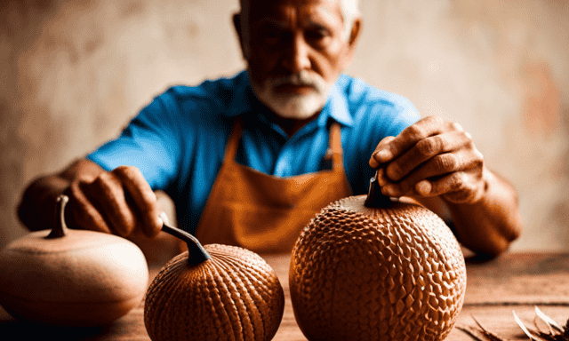 An image of hands delicately carving a dried calabash fruit, meticulously smoothing its surface, and skillfully hollowing it out