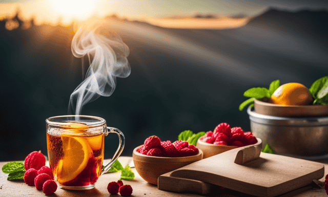An image showcasing a vibrant assortment of fresh ingredients like lemons, oranges, raspberries, and mint leaves, beautifully arranged around a steaming cup of rooibos tea, inspiring readers to naturally flavor their brew