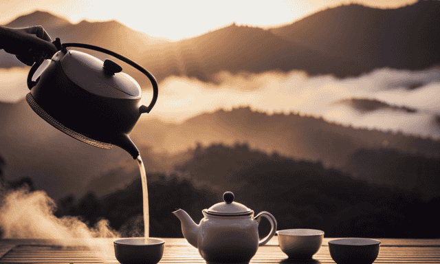 An image showcasing the intricate process of brewing oolong tea: a skilled hand pouring steaming water over rolled tea leaves, their delicate aroma filling the air, while a traditional teapot and cups await the perfect brew