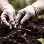 An image showcasing hands wearing gardening gloves, delicately planting chicory root in rich, dark soil
