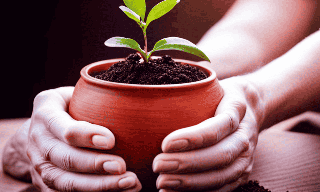 An image showcasing a pair of hands gently cradling an earthy terracotta pot, filled with rich, dark soil