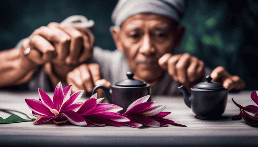 An image showcasing the process of preparing banana flower tea: a pair of hands delicately peeling the layers of the flower, revealing its vibrant purple petals, while a teapot steams in the background