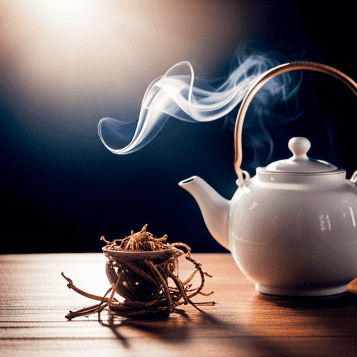 An image showcasing a serene setting with a wooden table adorned with a delicate porcelain teapot, a handful of dried cordyceps flowers, and a steam rising from a steaming cup of golden-brown cordyceps flower tea