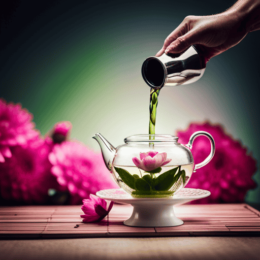 An image depicting an elegant hand pouring hot water into a delicate glass teapot, where vibrant pink lotus flowers gracefully float, surrounded by aromatic green tea leaves and a hint of fresh mint leaves