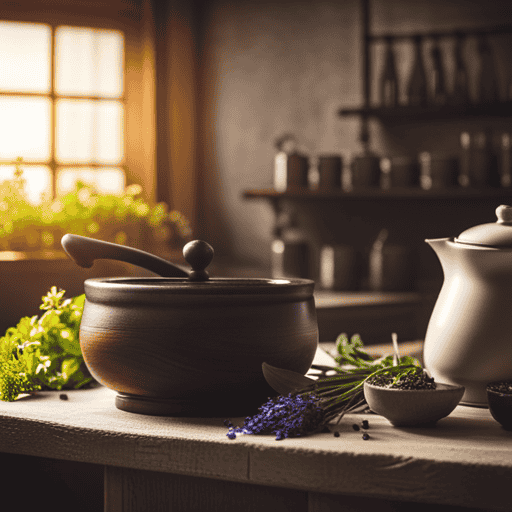 An image of a cozy kitchen with a rustic wooden table adorned with fresh herbs, a mortar and pestle, a teapot, and a delicate infuser
