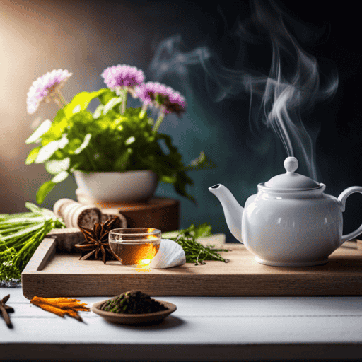 An image showcasing a serene wooden tea tray with a delicate porcelain teapot pouring steaming water into a vibrant ceramic mug filled with a blooming herbal tea bag, surrounded by an assortment of fresh herbs and spices