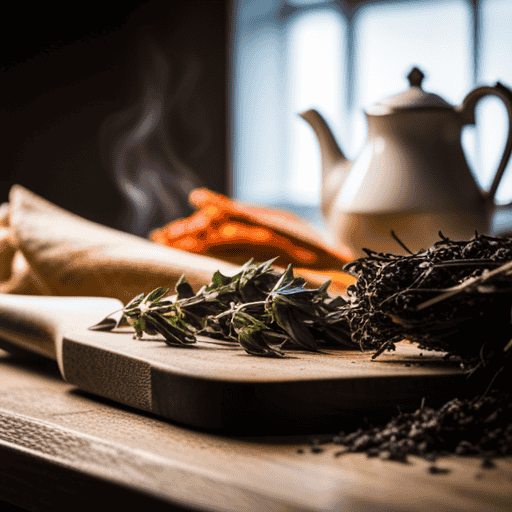 An image of a serene kitchen scene with a wooden cutting board displaying an array of aromatic dried herbs, vibrant tea leaves, and muslin bags