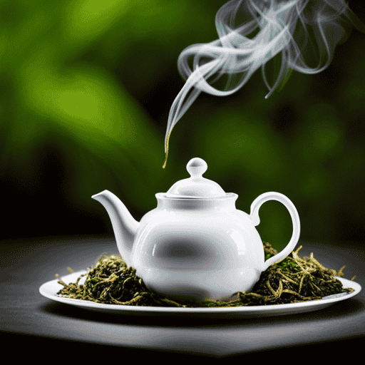 An image of a delicate porcelain teapot adorned with vibrant green tea leaves and aromatic dried herbs