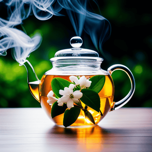 An image that showcases the delicate beauty of freshly picked jasmine flowers, gracefully steeping in a glass teapot filled with hot water