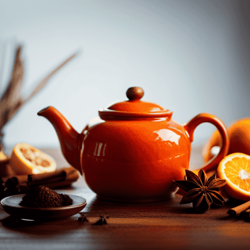 An image featuring a vibrant orange ceramic teapot filled with steaming orange spice herbal tea