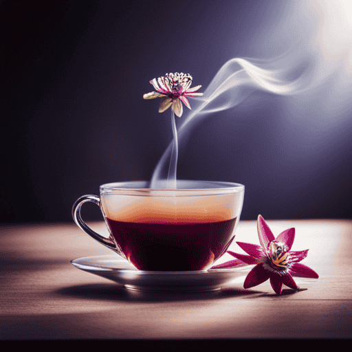 An image showcasing a delicate cup of freshly brewed passion flower tea in a serene setting