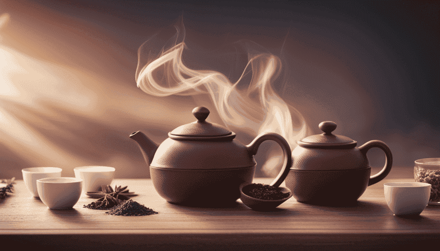 An image showcasing the delicate art of preparing Yogi Tea; capture a steaming teapot adorned with vibrant herbs, spices, and tea leaves, surrounded by a serene setting of cozy cups, a kettle, and a calming backdrop