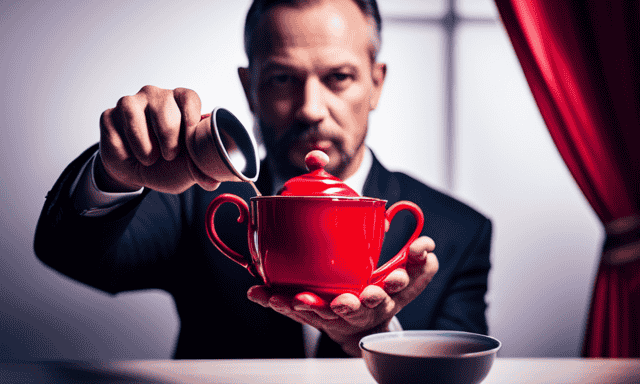 An image featuring a person holding a teapot, pouring a vibrant red liquid into a delicate teacup