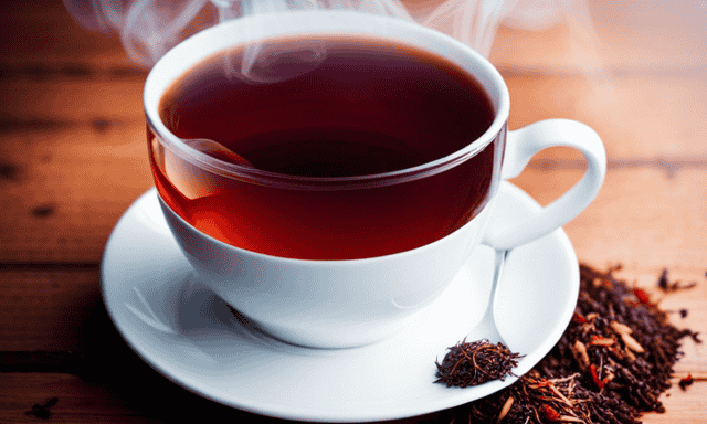 An image showcasing a close-up of a teacup filled with dark red Rooibos tea, with steam gently rising from it