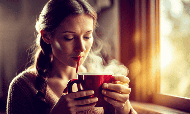 An image showing a person holding a steaming cup of red tea, delicately sipping it with a serene expression