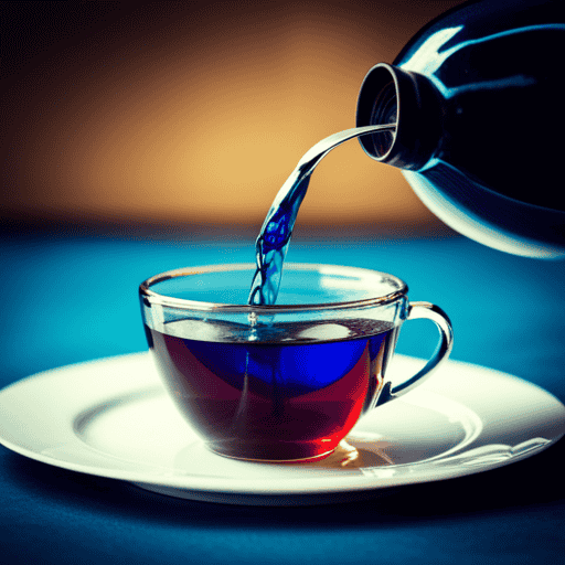 An image capturing the delicate art of properly serving hot butterfly pea flower tea: a graceful hand pouring vibrant blue tea from a teapot into a clear glass cup, showcasing the mesmerizing color transformation