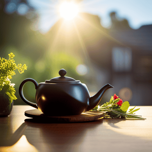 An image showcasing a serene scene with a teapot and an assortment of fresh herbs, delicately placed on a wooden cutting board