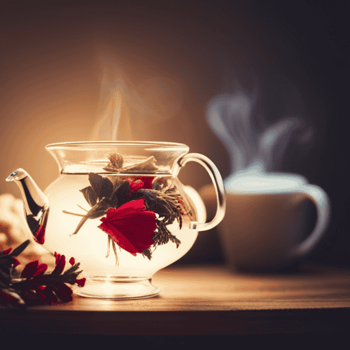 An image showcasing a serene scene of a delicate teapot pouring a vibrant cascade of herbal tea into a transparent teacup, capturing the essence of the resteepping process