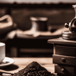 An image featuring a rustic wooden table adorned with a matte black coffee grinder, a mortar and pestle filled with ground chicory root, a ceramic mug, and a steaming cup of chicory coffee
