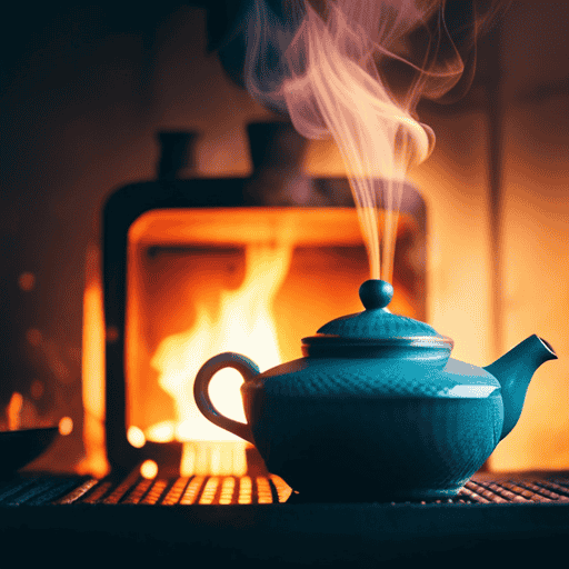 An image showcasing the art of roasting green tea at home: a delicate ceramic tea pot sits atop a cast-iron stove, emanating gentle heat as vibrant green tea leaves dance gracefully in the air, releasing their enticing aroma