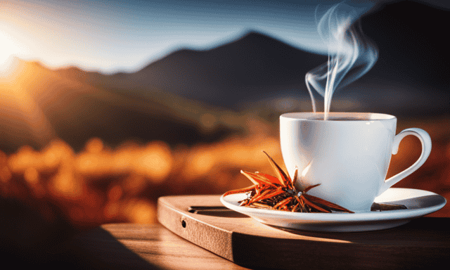 An image showcasing a serene scene with a warm, inviting cup of freshly brewed rooibos tea