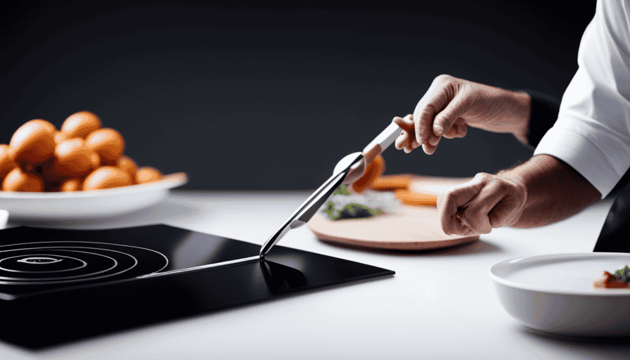 An image showcasing a modern kitchen with a sleek induction cooktop, a chef's hand gently placing delicate raw ingredients onto a heated pan, while a digital thermometer nearby ensures precise temperature control