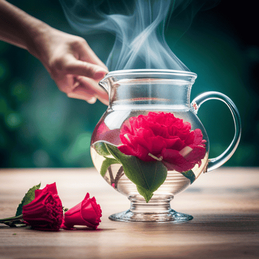 An image showcasing delicate hands gently cradling a vibrant tea bloom flower, carefully submerging it in a glass teapot filled with hot water