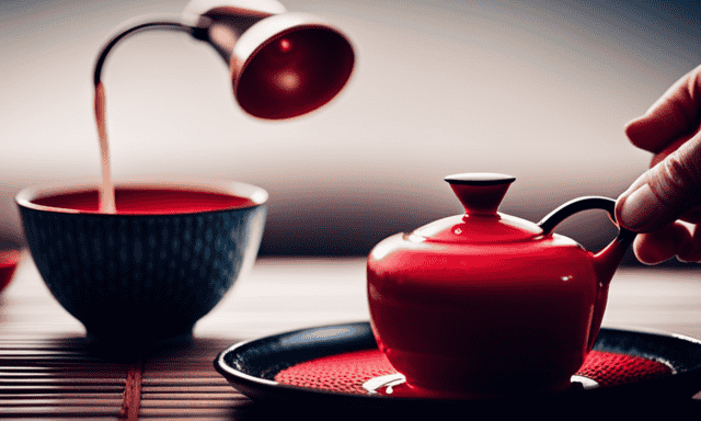 An image showcasing a Japanese tea ceremony with a traditional tea set, where a host gracefully pours vibrant red tea into delicate cups, illustrating the process of saying "Rooibos" in Japanese