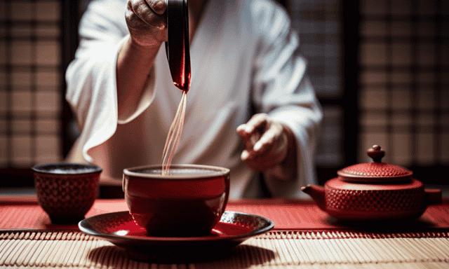 An image showcasing a Japanese tea ceremony with an elegant host in traditional attire gracefully pouring a cup of vibrant red Rooibos tea