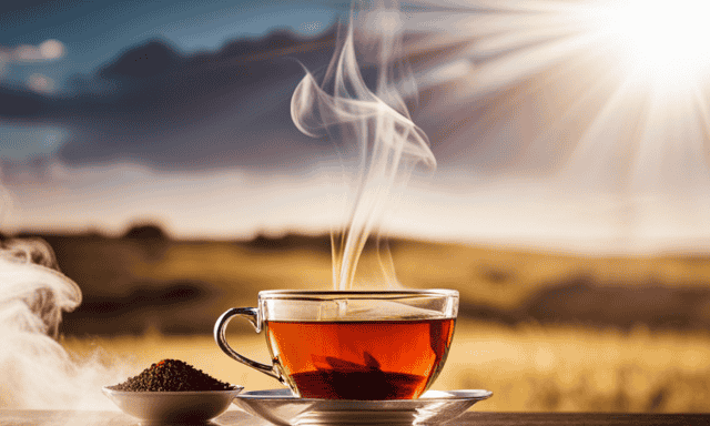 An image that captures the essence of "How To Say Rooibos Tea" with a close-up shot of a steaming cup of reddish-brown herbal infusion, garnished with a sprig of rooibos leaves, against a backdrop of South African savanna