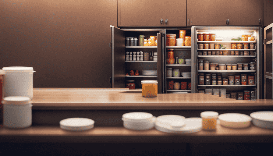An image showcasing two separate storage areas: one for raw food, featuring a refrigerator with labeled compartments and containers, and another for cooked food, displaying a clean pantry with sealed jars and organized shelves