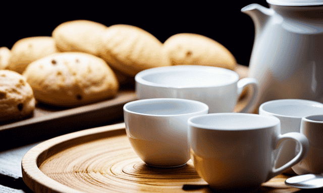 An image of a serene morning scene: A rustic wooden tray adorned with delicate white porcelain teacups filled with rich, amber-hued rooibos tea milk, gently steaming, accompanied by a golden honey jar and freshly baked scones