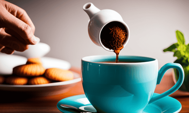 An image showcasing a serene, sunlit setting with a delicate porcelain teapot pouring vibrant red rooibos tea into a dainty cup