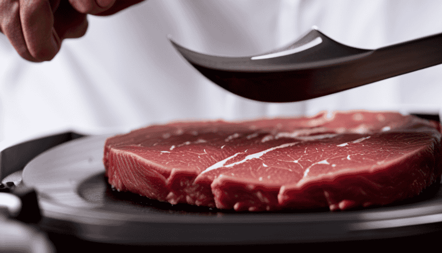 An image capturing the process of effortlessly slicing a raw top sirloin steak using a Cuisinart food processor