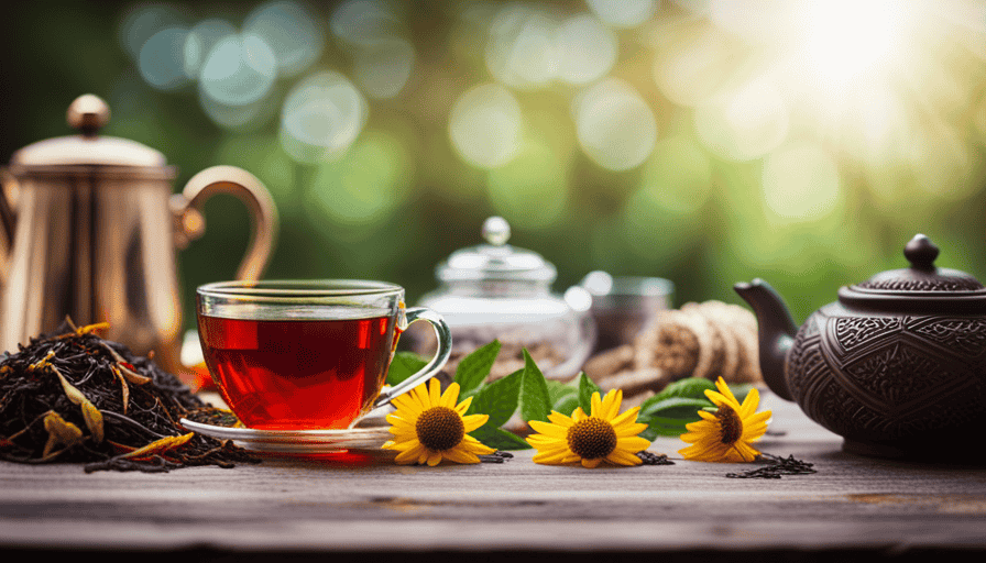 An image showcasing a rustic wooden table adorned with an assortment of vibrant, aromatic herbal tea leaves, elegantly packaged in glass jars and accompanied by delicate teacups and an antique teapot