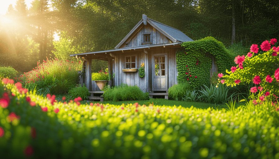 An image showcasing a serene, sun-soaked garden surrounded by lush greenery, with a rustic wooden cabin nestled in the backdrop