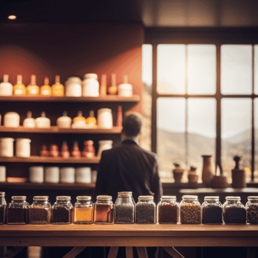 An image depicting a vibrant herbal tea shop, with shelves lined up with colorful jars filled with fragrant dried herbs, a cozy seating area, and customers sipping on steaming cups of herbal tea