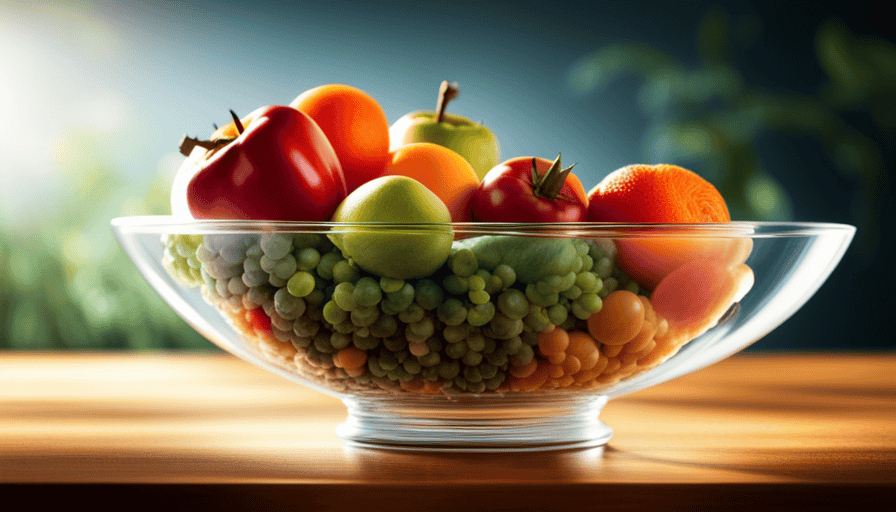 An image showcasing a vibrant, colorful bowl filled with an abundance of fresh fruits, vegetables, and leafy greens
