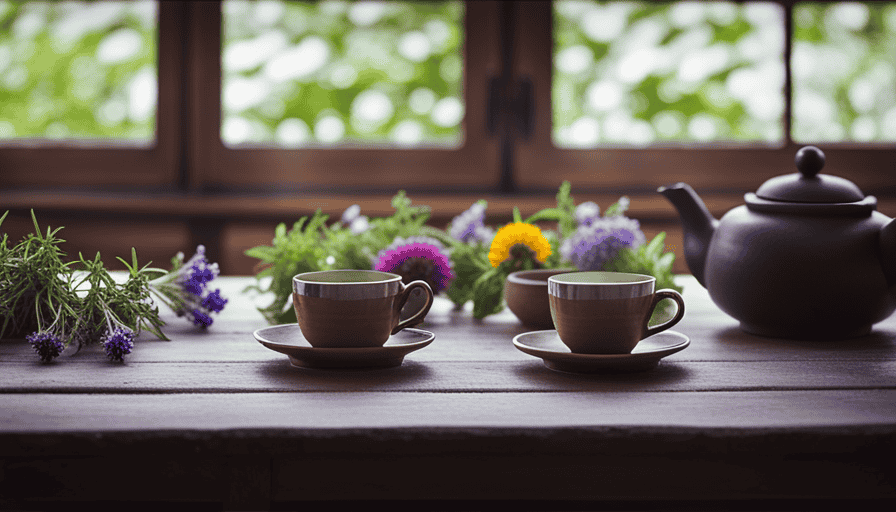 An image showcasing a serene and inviting scene of a rustic wooden table adorned with an assortment of colorful and aromatic herbs, teapots, and delicate tea cups, evoking a sense of tranquility and a promising beginning for a Herbal Tea Business