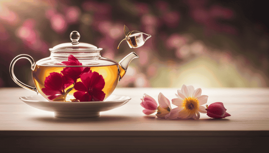 An image that showcases a graceful porcelain teapot with vibrant flower petals delicately floating in a crystal-clear glass teacup