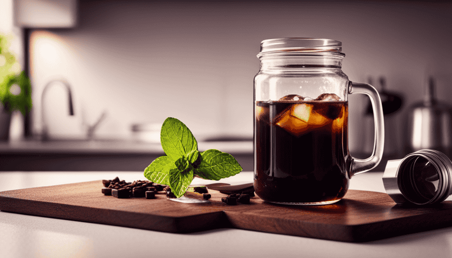An image showcasing a minimalist kitchen counter with a glass jar of freshly brewed cold brew coffee placed on a wooden cutting board
