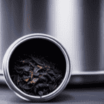 An image showcasing an elegant, airtight stainless steel canister filled with vibrant, rolled Oolong tea leaves, nestled in a cool, dark pantry
