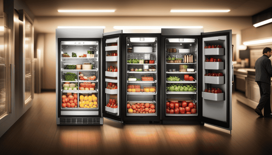 An image showcasing a spacious, well-organized commercial refrigerator, with labeled shelves neatly storing various raw ingredients like vibrant vegetables, succulent meats, and fresh seafood, highlighting the importance of proper raw food storage in a restaurant