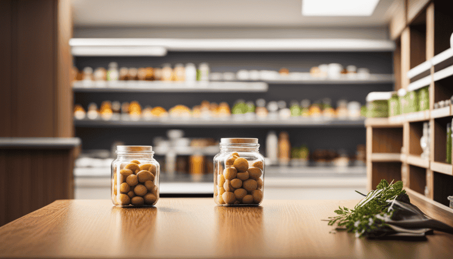 An image depicting a spacious, well-organized pantry with neatly stacked glass jars filled with vibrant fruits and vegetables, sealed bags of nuts, and bundles of fresh herbs, showcasing the ideal storage methods for raw food
