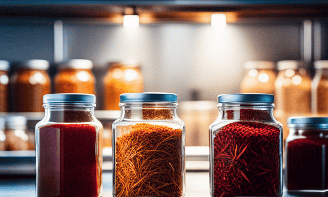 An image showcasing a well-organized pantry shelf with neatly arranged glass jars filled with vibrant, fragrant rooibos tea leaves