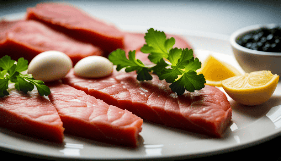 An image showcasing a variety of vibrant, fresh raw food ingredients like meat, fish, eggs, and seaweed, accompanied by a small dish containing taurine-rich supplements, emphasizing their importance in a balanced diet